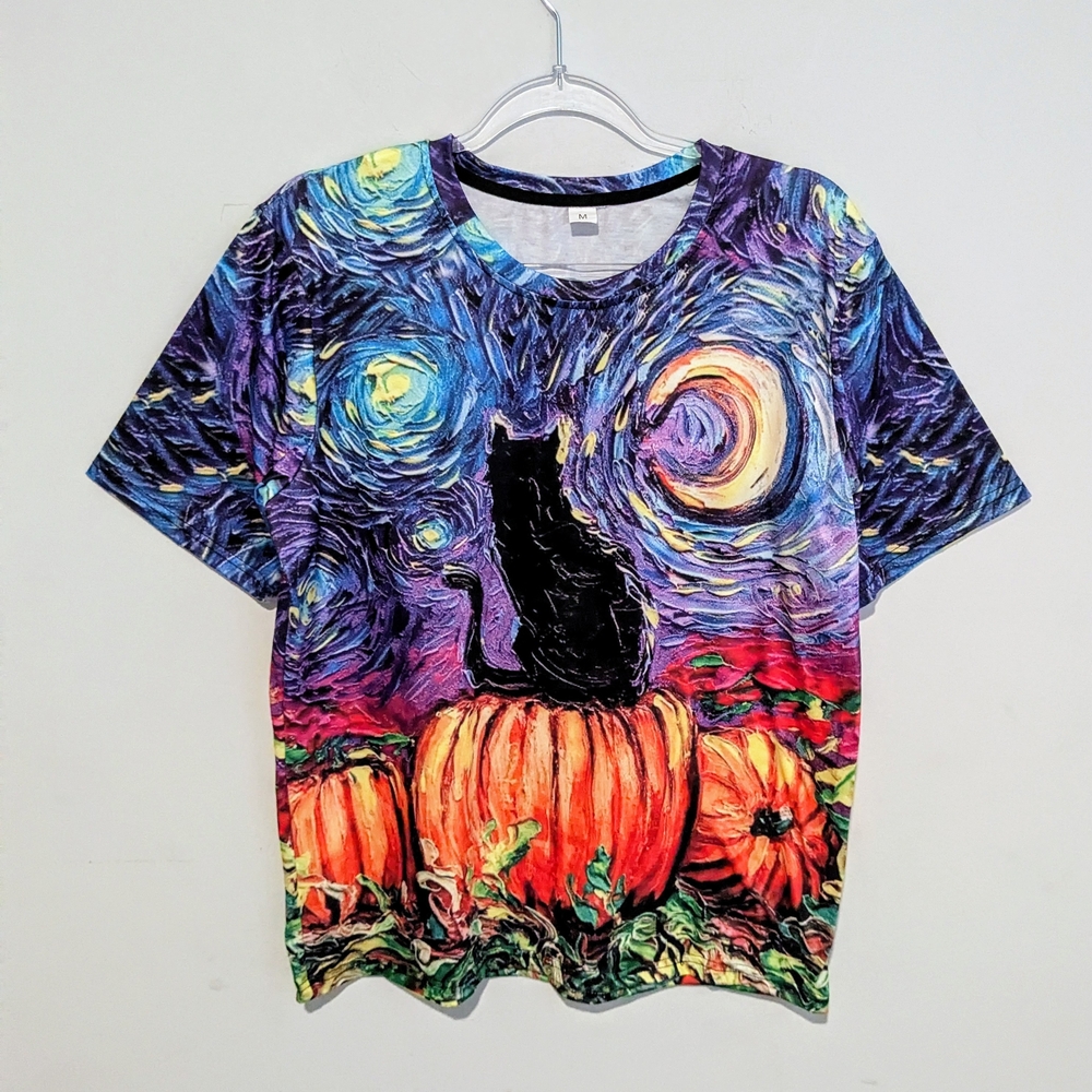 Black Cat Starry Night Van Gogh T-Shirt